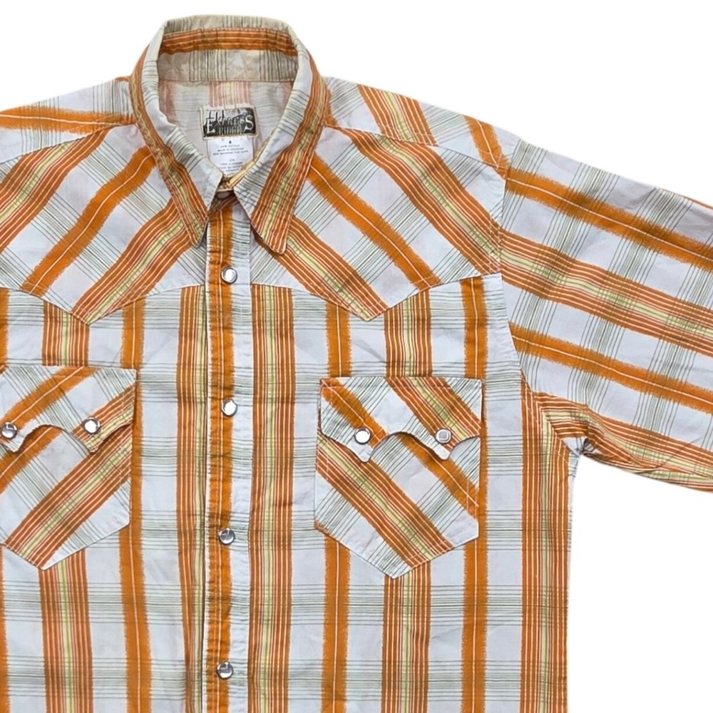 VTG Express Rider Western Pearl Snap SS Shirt Orange Striped Mens Small‎